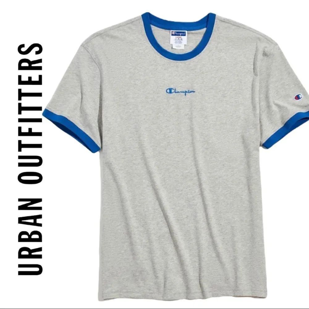 NEW Champion Urban Outfitters Grey Blue Classic Ringer Tee Shirt T-Shirt L